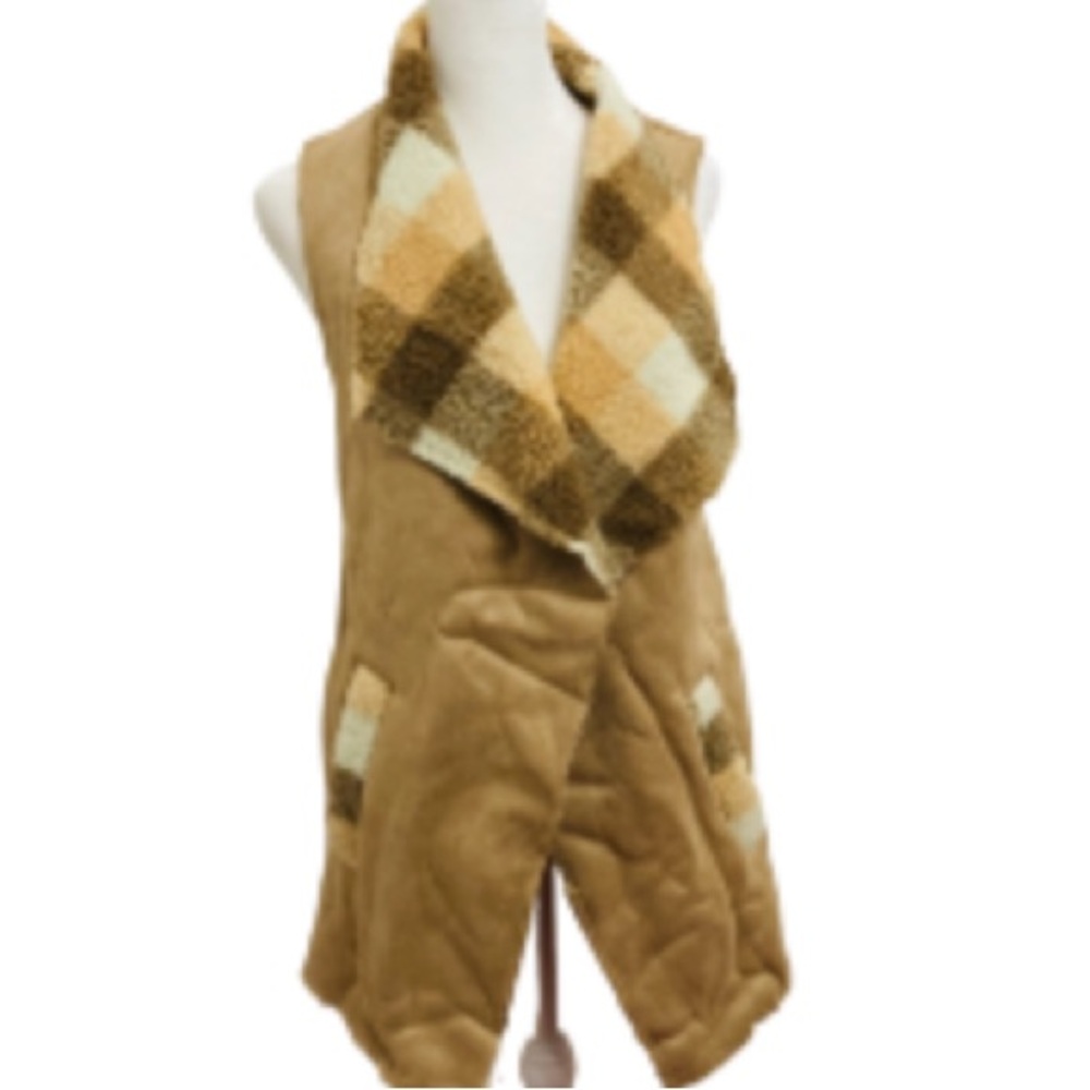 NWOT Glitzy Girlz Tan & Brown Open Front Sherpa Vest Size Small